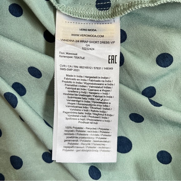 Vero Moda Mint Green Henna 2/4 Sleeve Wrap Mini Dress with Polka Print - Picture 11 of 16